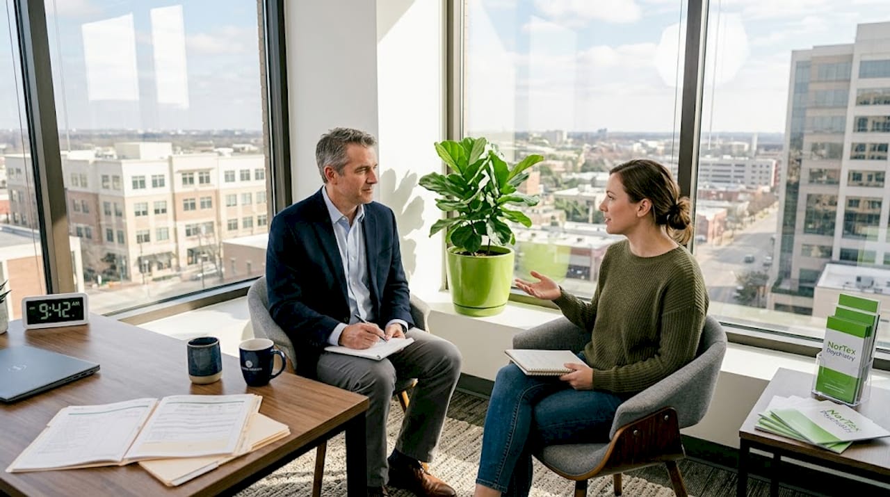 Psychiatrist consulting adult patient in sunlit office