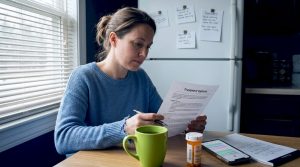 Woman reviewing treatment guide at kitchen table