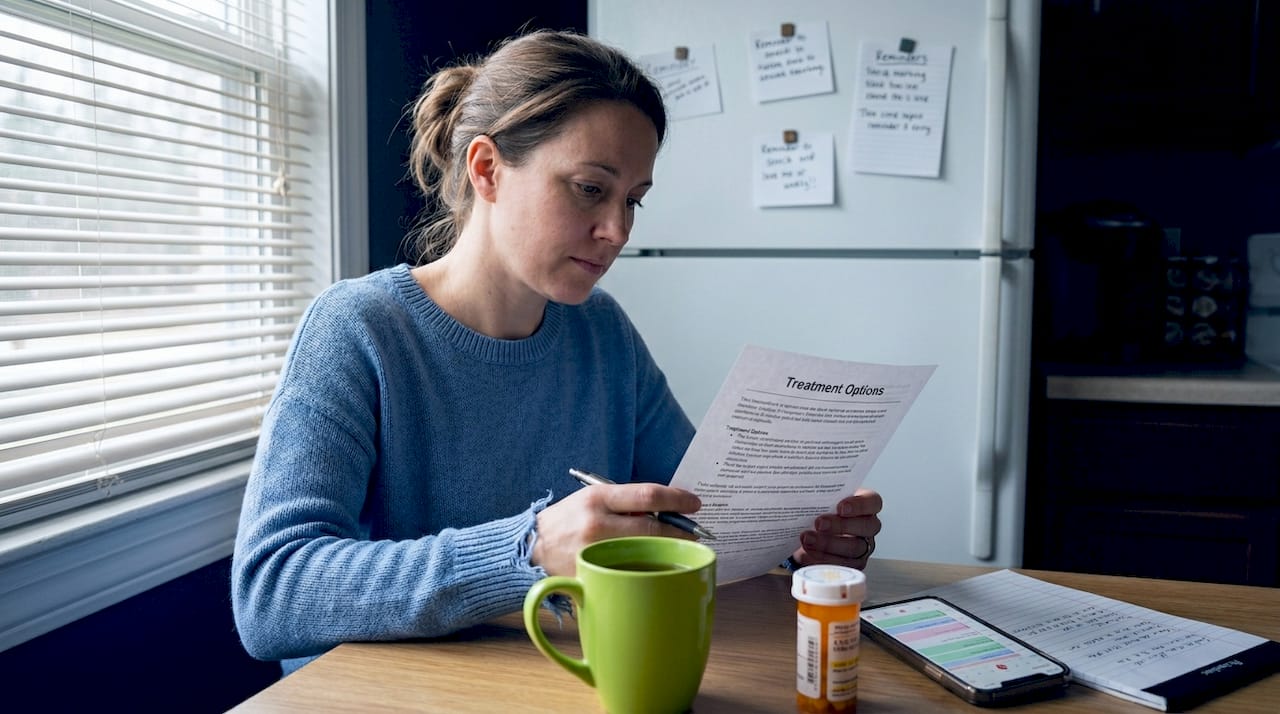 Woman reviewing treatment guide at kitchen table