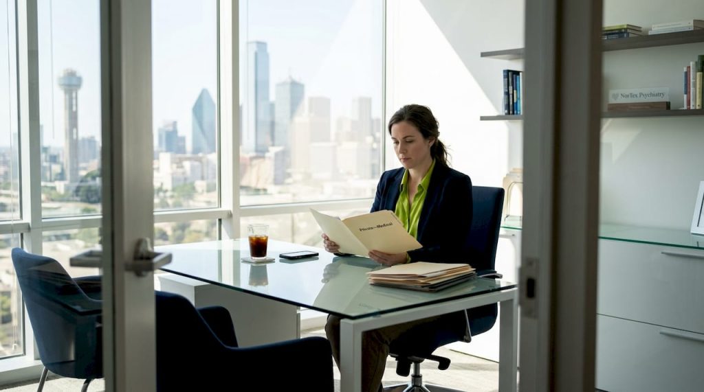 Professional woman reviewing mental health paperwork in Dallas office