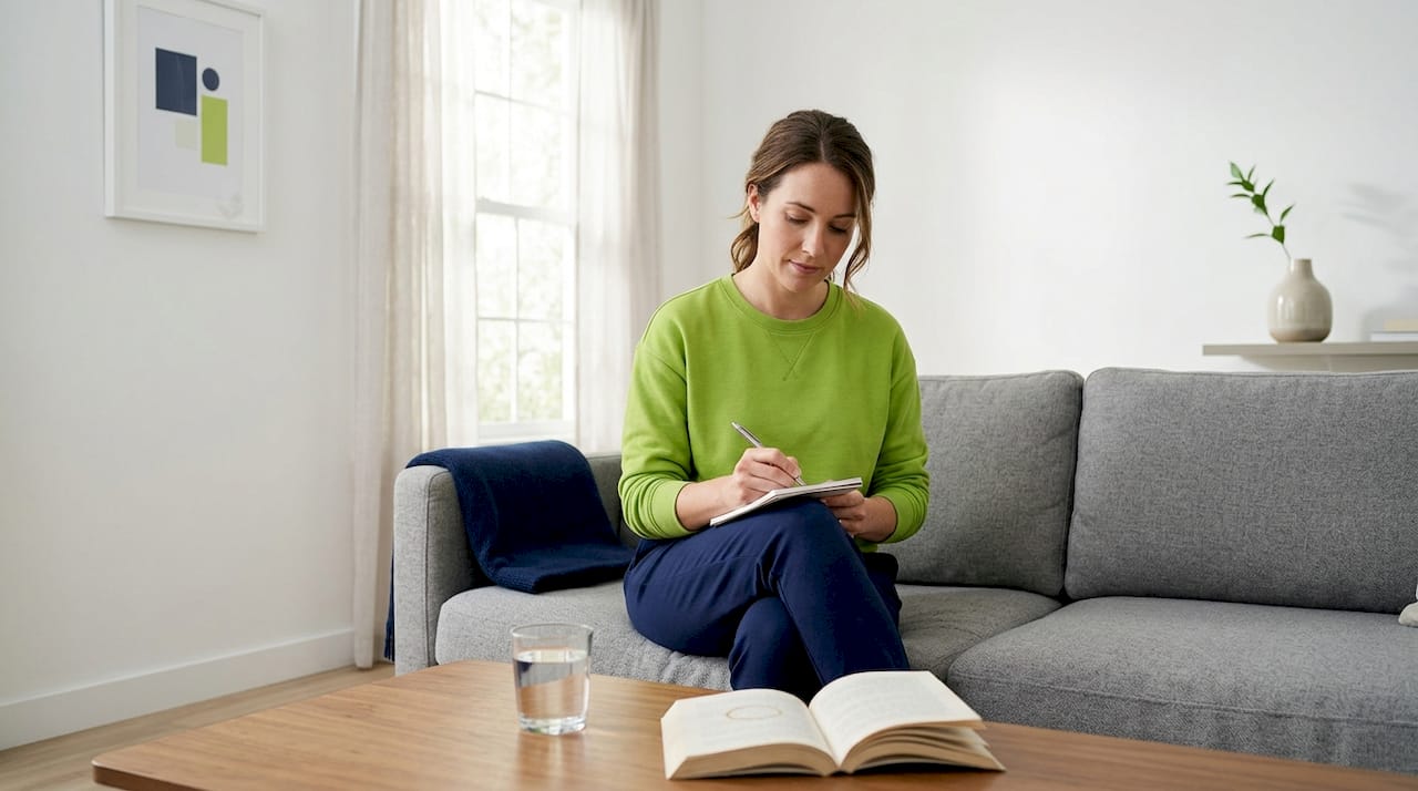 Woman journaling about anxiety management at home