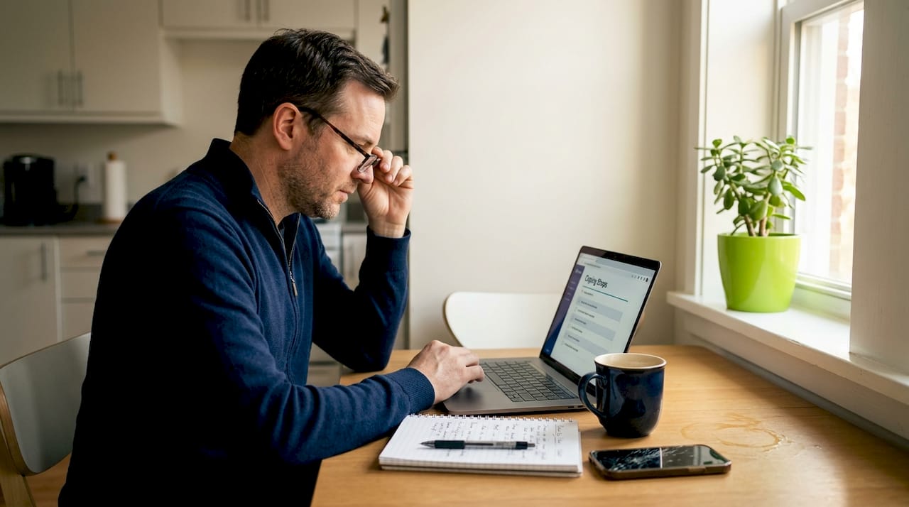 Man reviewing anxiety coping checklist at kitchen table