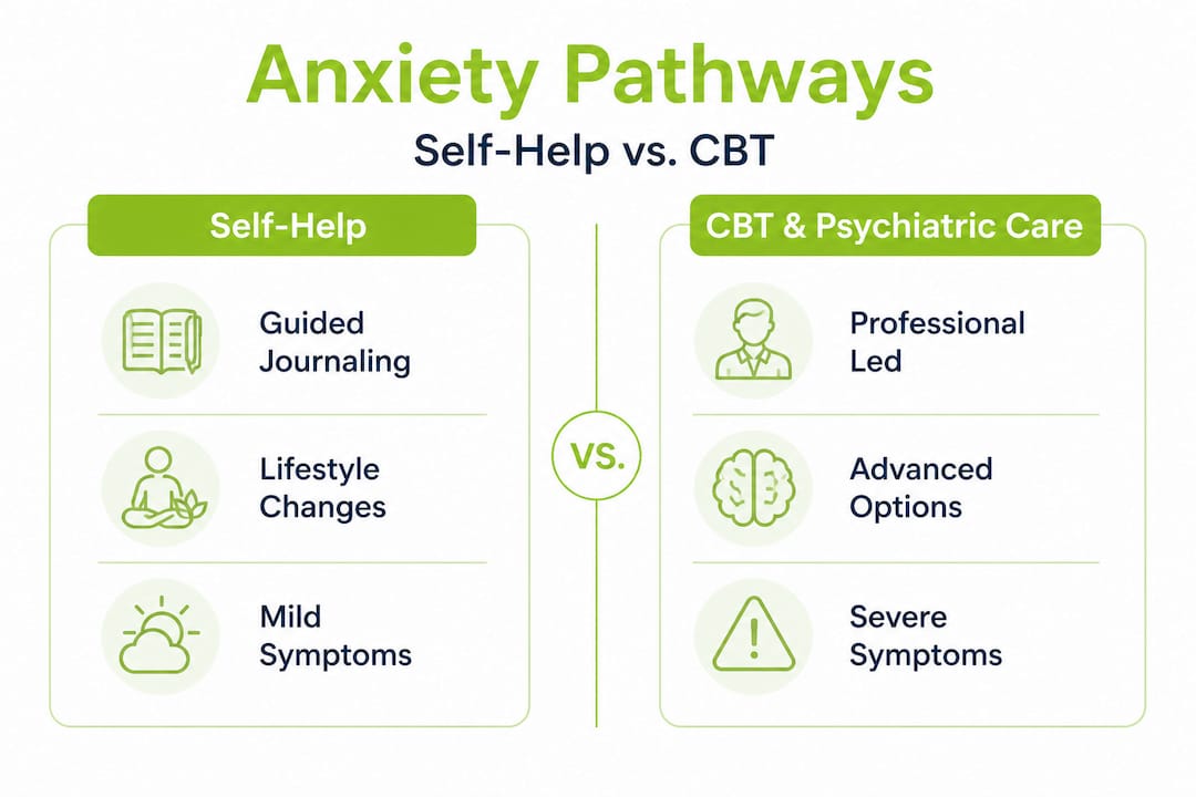 Infographic comparing self-help and CBT anxiety strategies