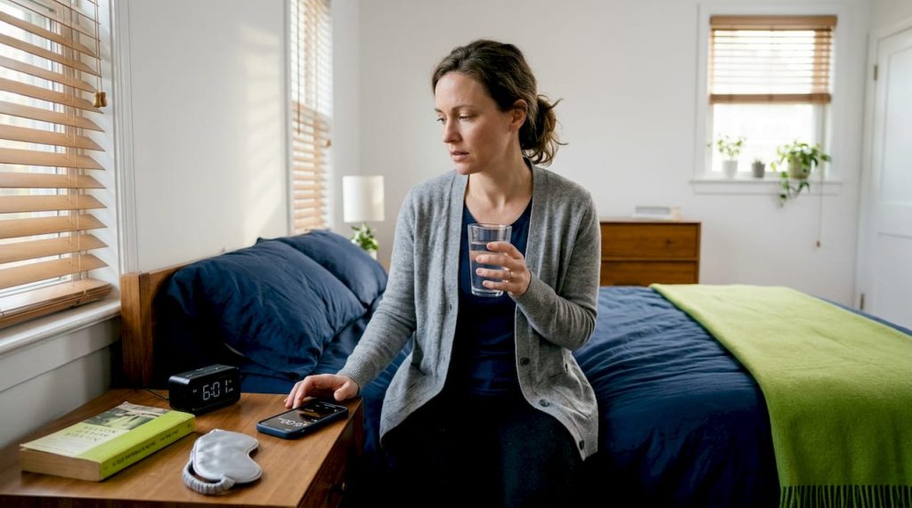 Adult sitting on bed during anxious morning