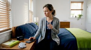Adult sitting on bed during anxious morning