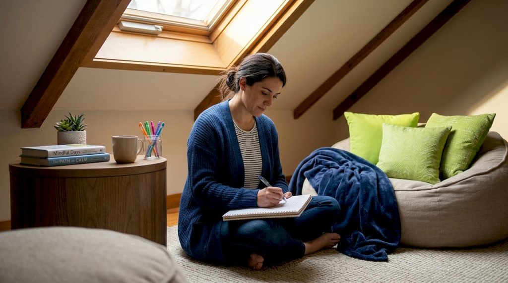 Woman journaling in cozy, sunlit living room