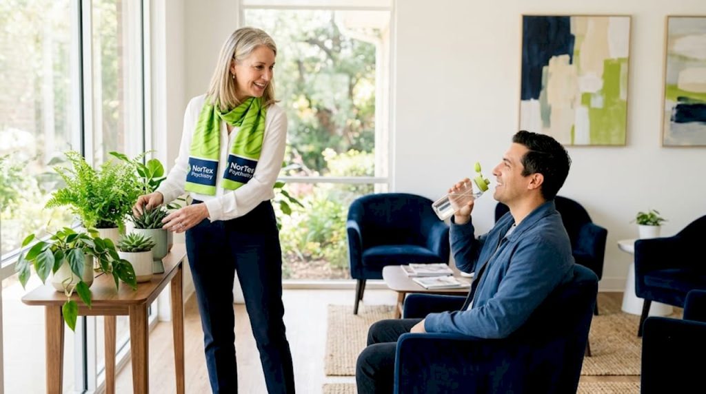 Psychiatrist and patient in welcoming clinic office