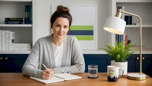 Woman journaling medication experience at kitchen table