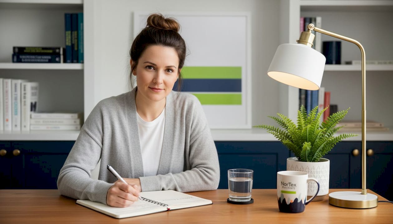 Woman journaling medication experience at kitchen table