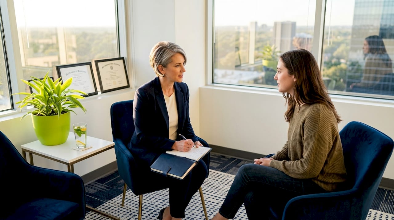 Psychiatrist consulting with patient in office