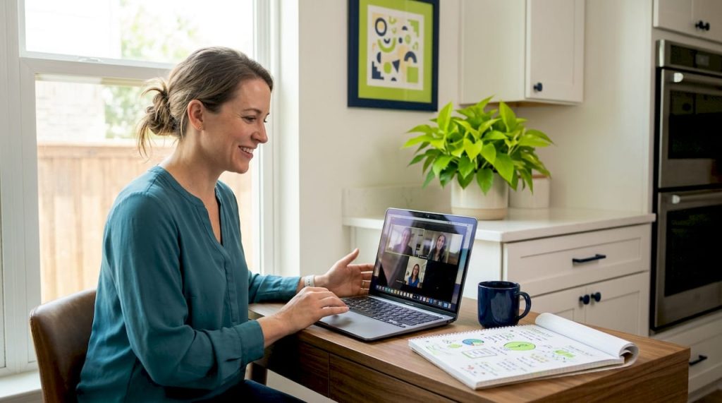 Woman attending telepsychiatry session at home