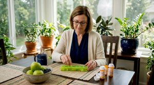 Woman organizes pills in morning kitchen routine