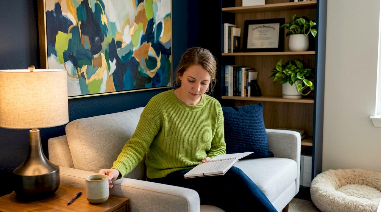 Woman journaling self-care in sunlit living room