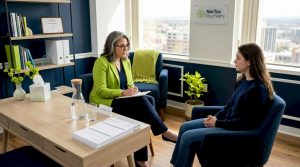 Psychiatrist consulting patient in office