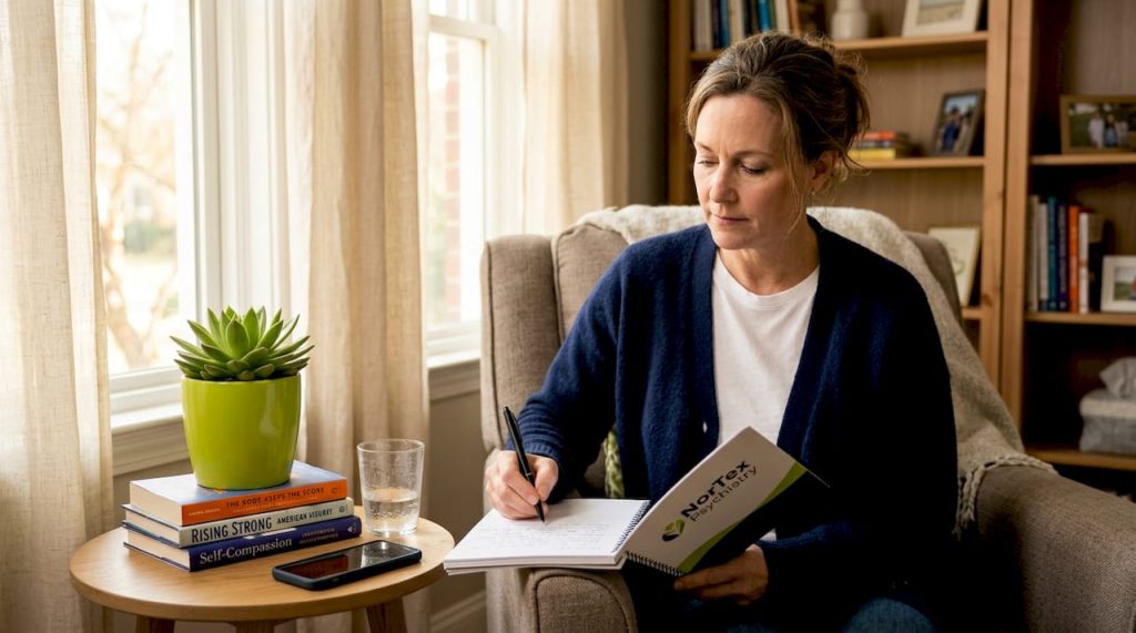 Woman writing notes during mental health recovery