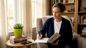 Woman writing notes during mental health recovery