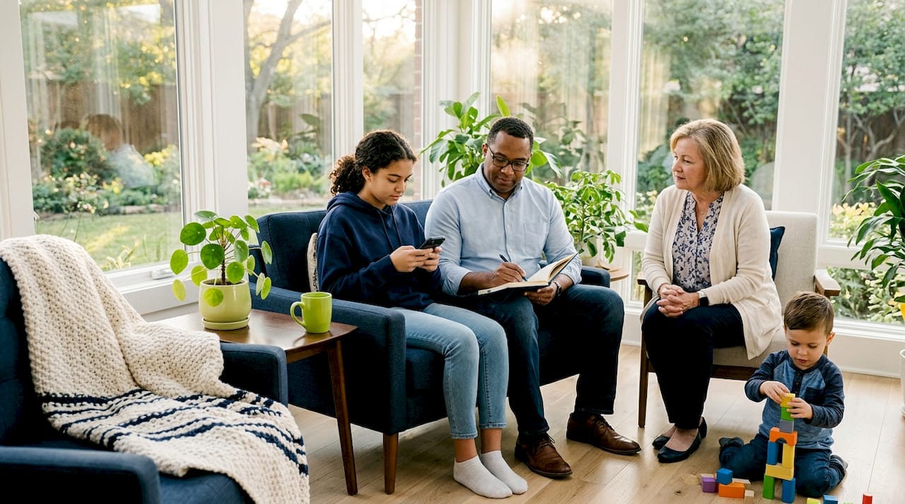 Family interacting naturally in their living room