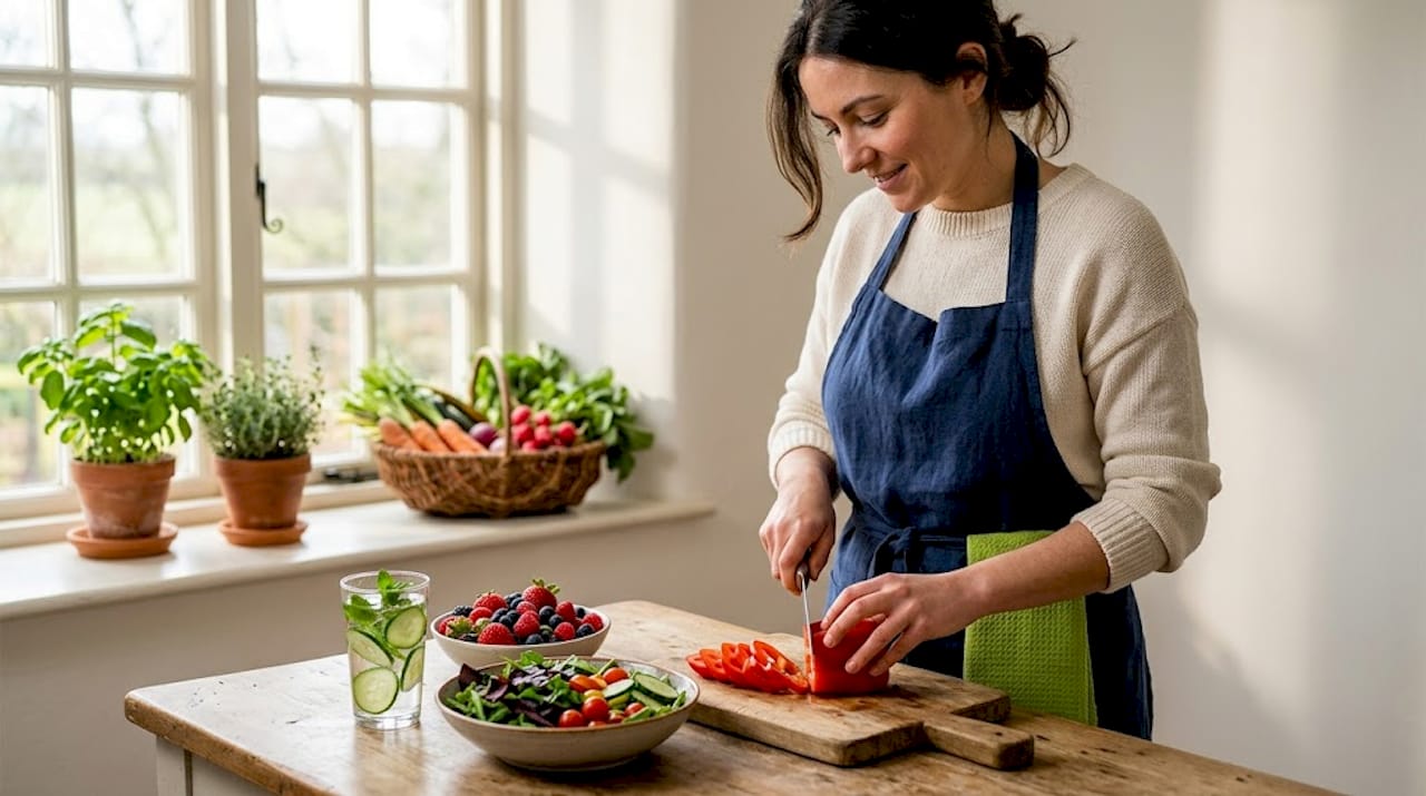Woman preparing healthy meal in sunlit kitchen