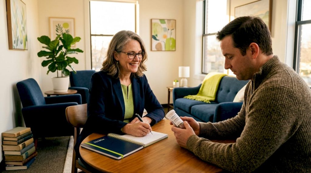 Adult patient and psychiatrist discussing medication