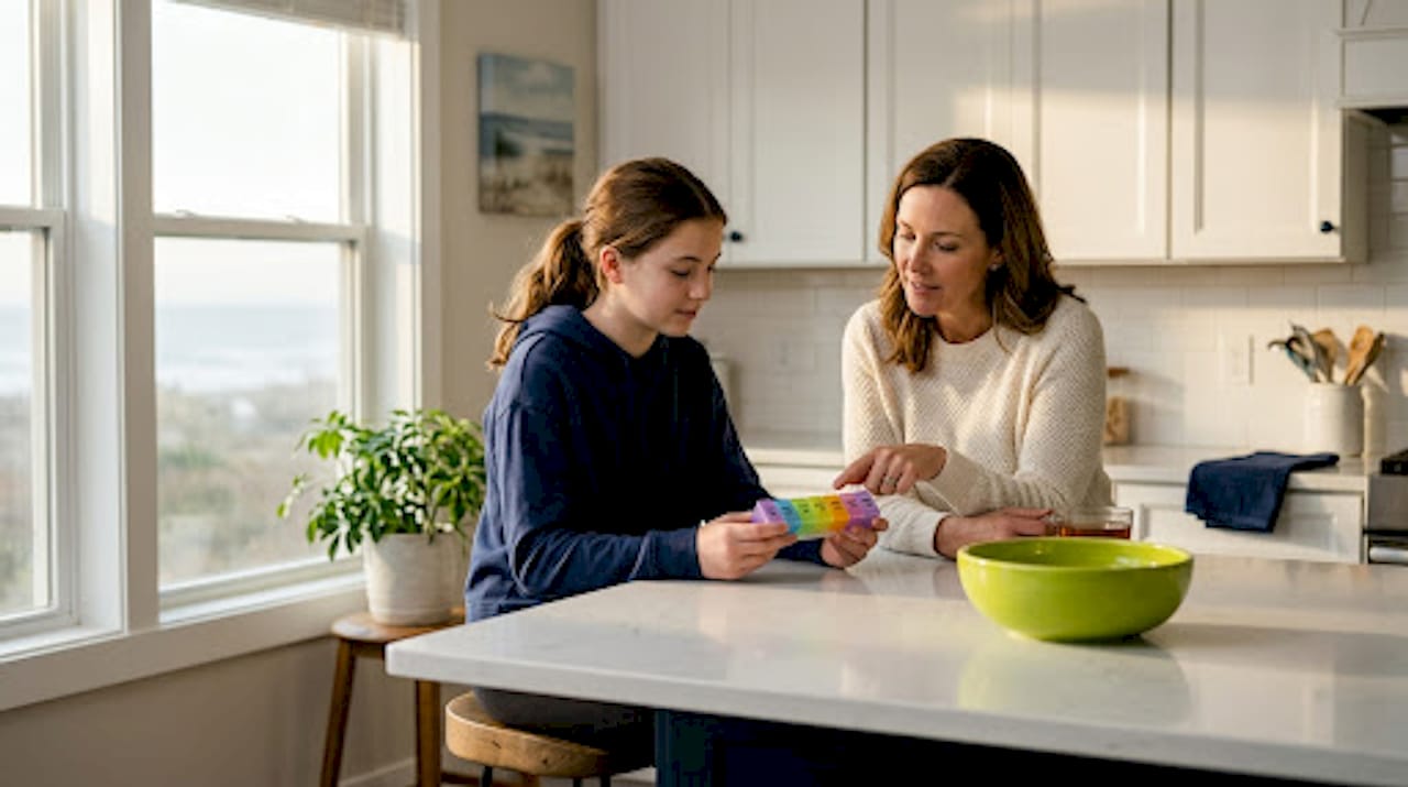 Mother and teen discussing medication at kitchen table