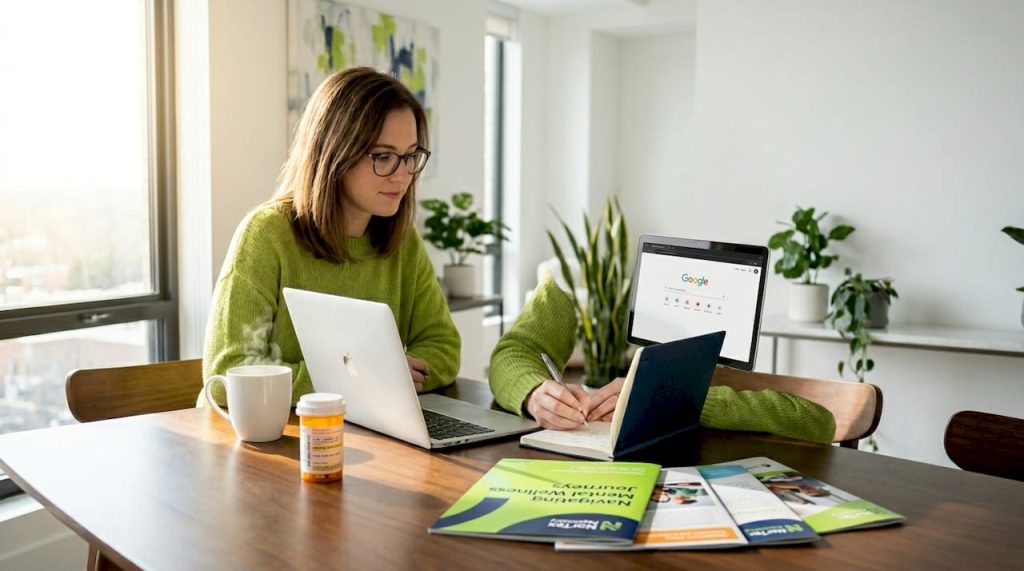 Adult woman researching ADHD treatment at home