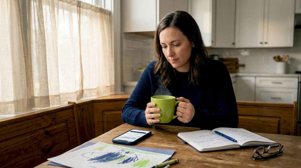 Mother using mental health app at kitchen table