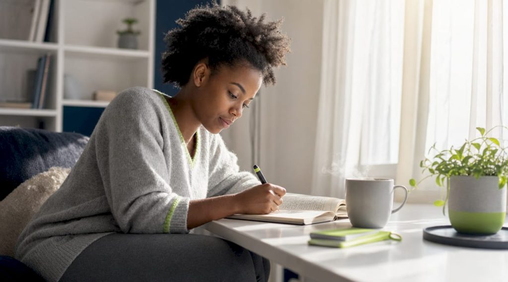 Woman journaling about mood disorders at kitchen table