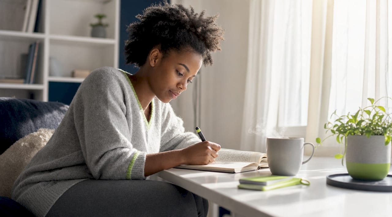 Woman journaling about mood disorders at kitchen table