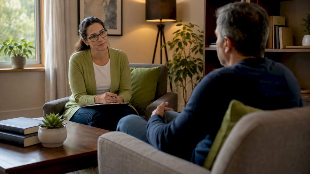 Therapist attentively listening in clinical setting
