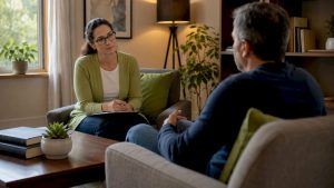 Therapist attentively listening in clinical setting