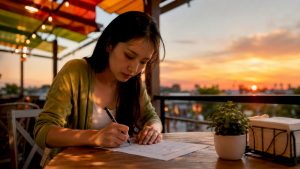 Woman completing mental health checklist at desk