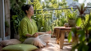 Woman meditating in bright living room