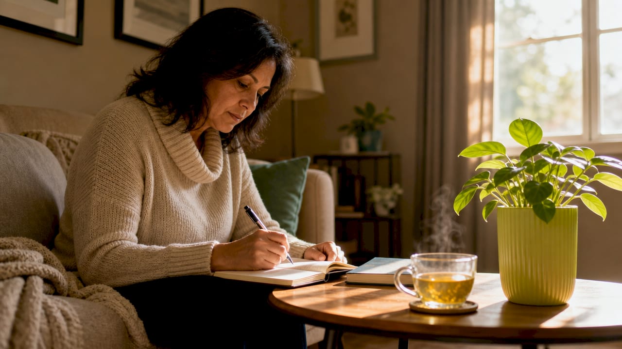 Woman journaling healthy lifestyle habits in kitchen