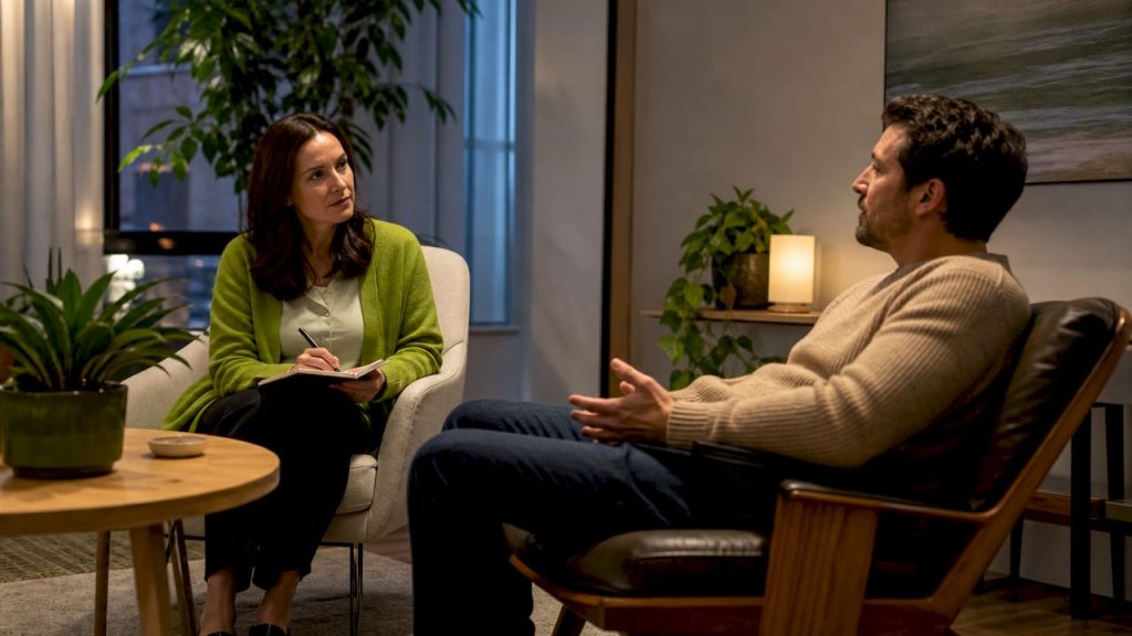 Psychiatrist conducting evaluation in consultation room
