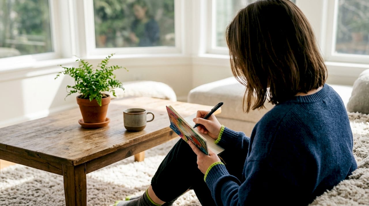 Young woman journaling mental health at home