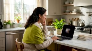 Woman in virtual therapy session at home