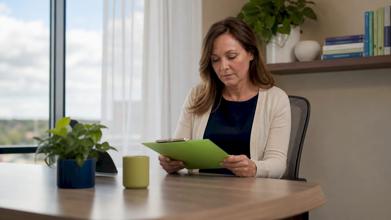 Clinician reviewing patient notes in clinic room