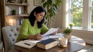 Psychiatrist reviewing ADHD patient documents in office