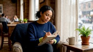 Person thoughtfully writing therapy notes