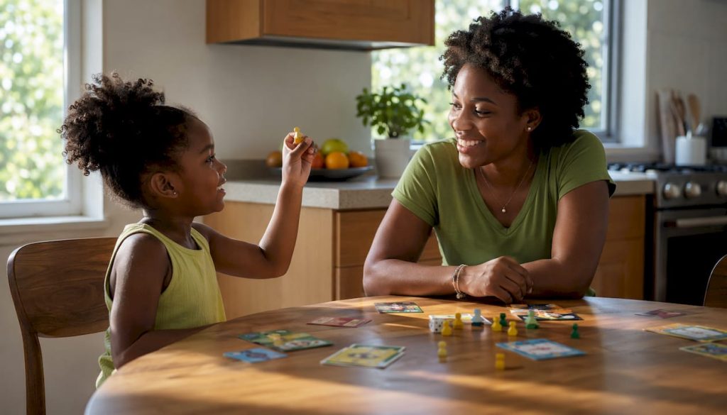 Mother and daughter playing board game at home