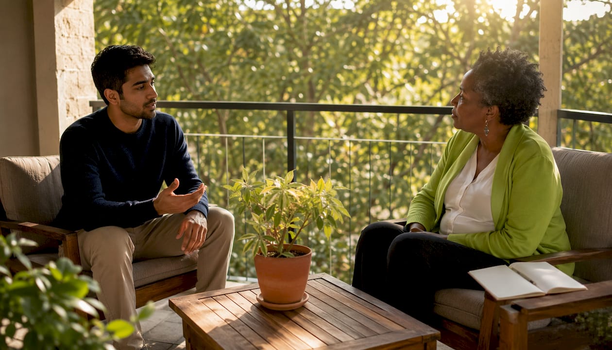 Therapist and patient discussing life transitions