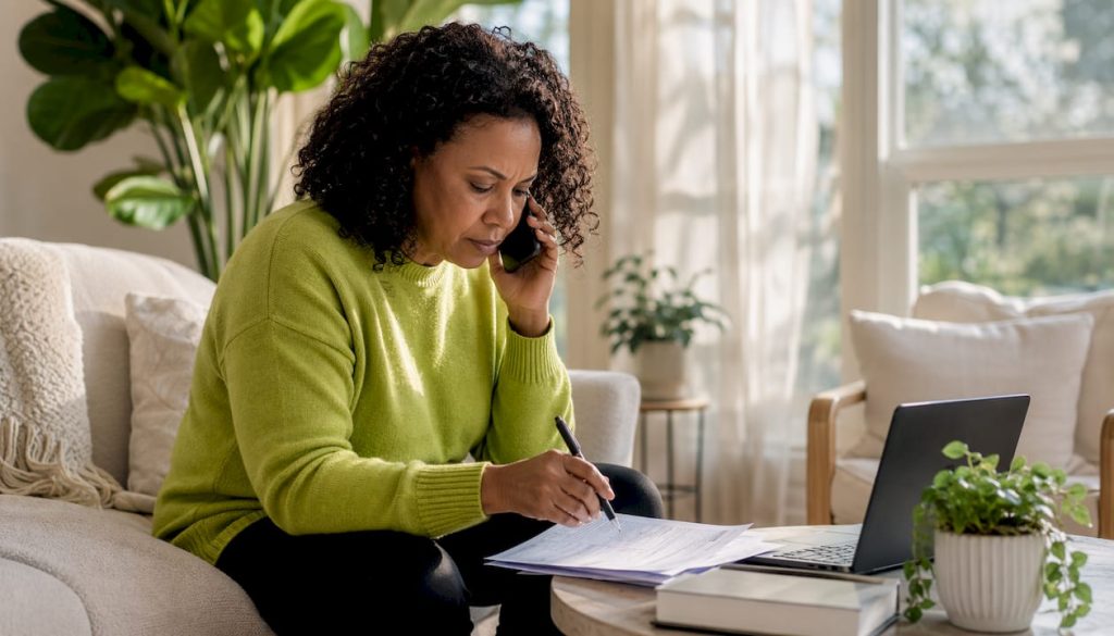 Woman calling ketamine therapy provider at home