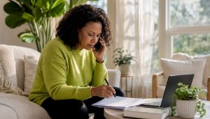 Woman calling ketamine therapy provider at home