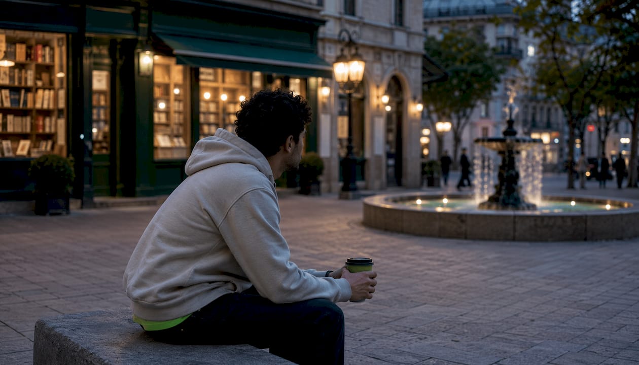 Young man reflecting in urban park near coffee shop