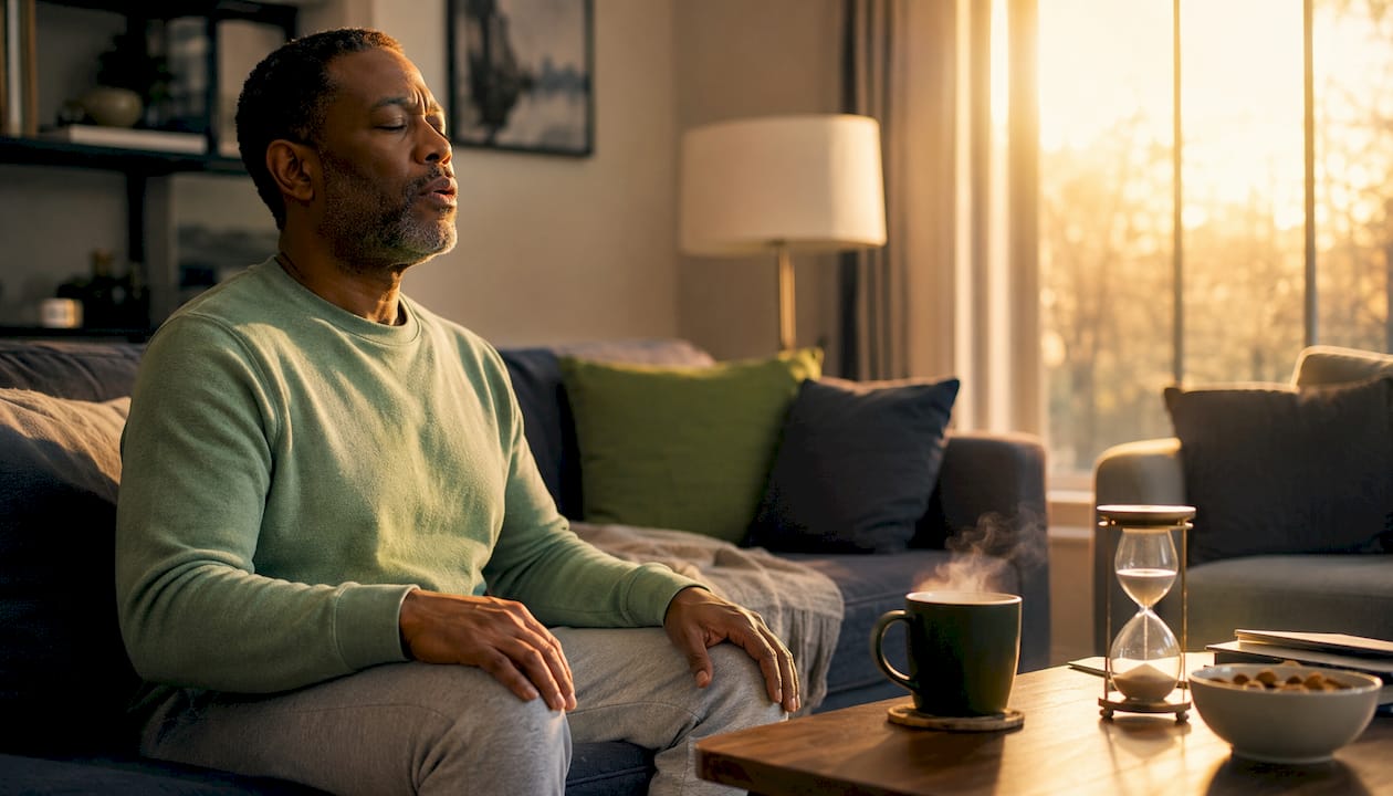 Man practicing paced breathing in kitchen