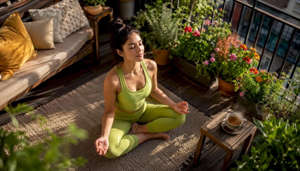 Woman practicing paced breathing on floor