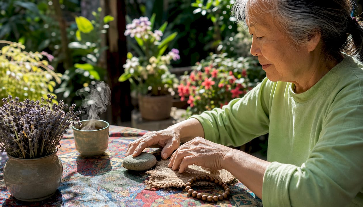 Hands touching grounding exercise objects on table