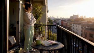 Woman nervously preparing for a party by window