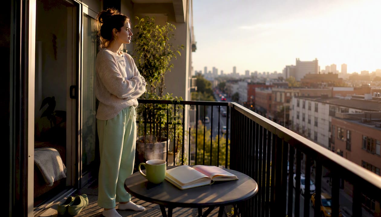 Woman nervously preparing for a party by window
