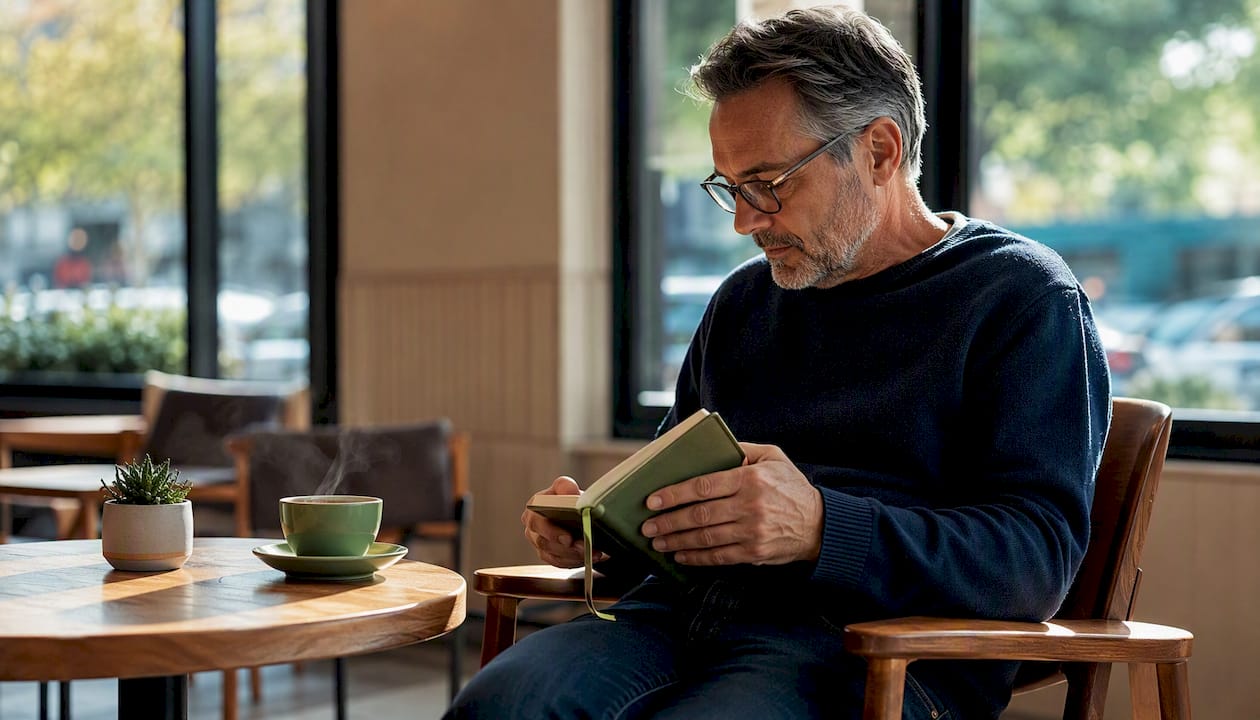 Man closing notebook reflecting on anxiety strategies